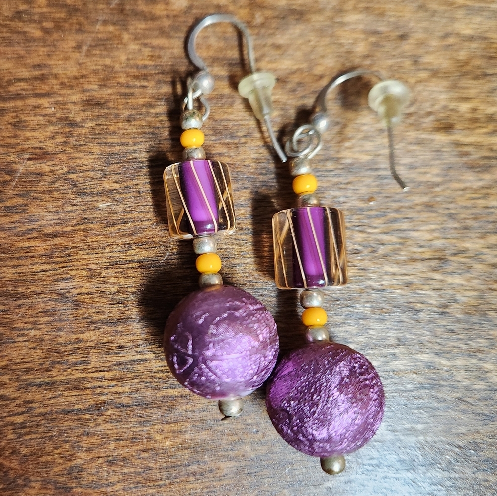 Chic Lampwork Purple Gold Bead Earrings steampunk gothic boho glam multicultural